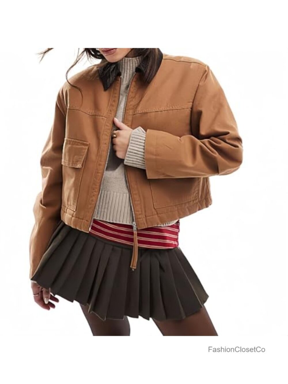 Cropped Corduroy Collar Zip Up Utility Barn Jacket with Pockets